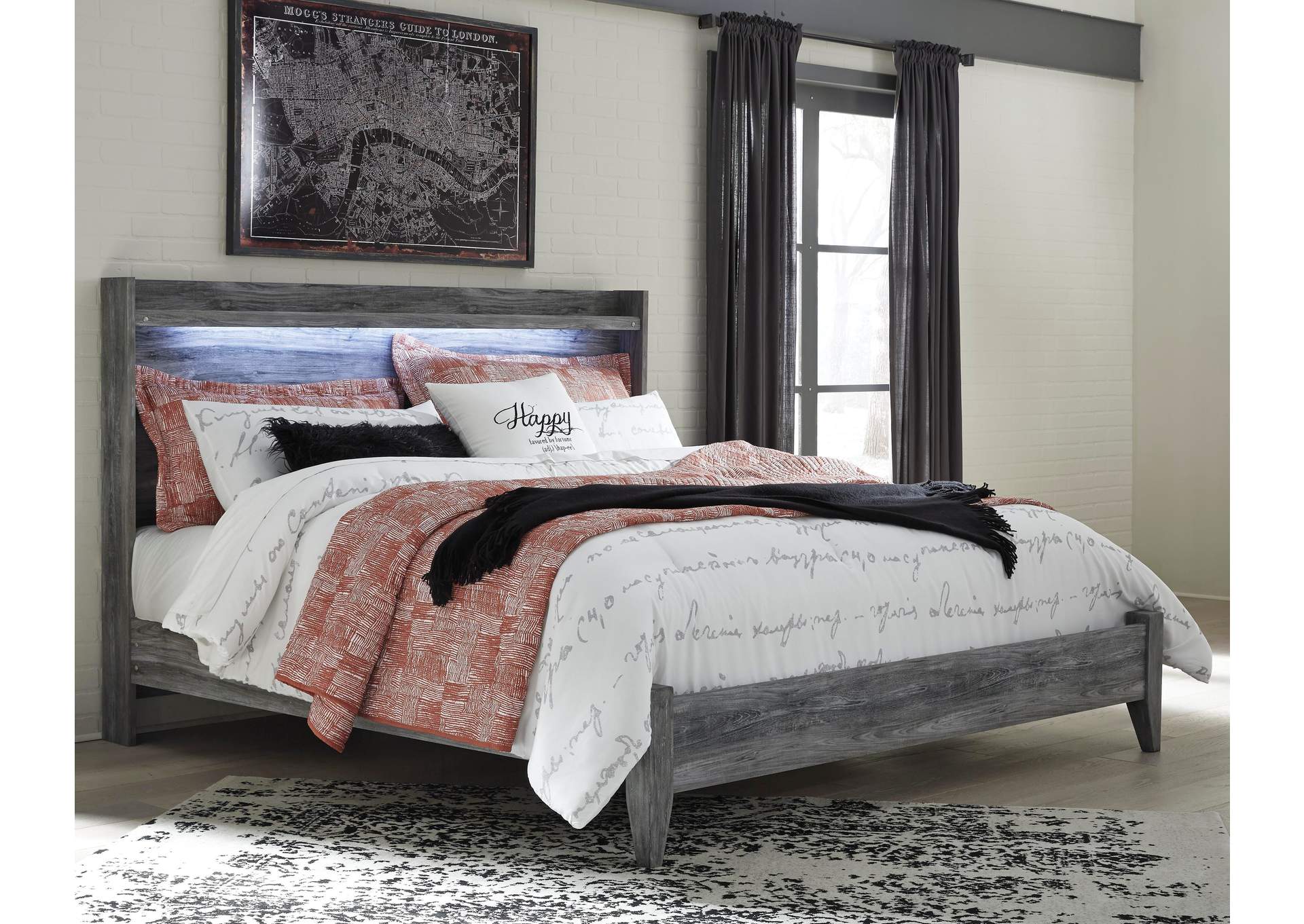 Baystorm King Panel Bed with Mirrored Dresser and Nightstand room view