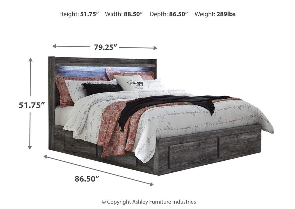 Baystorm King Panel Bed with 2 Storage Drawers with Mirrored Dresser, and Nightstand dimensions