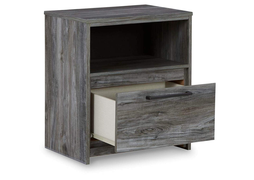 Baystorm King Panel Bed with 2 Storage Drawers with Mirrored Dresser, and Nightstand angled view