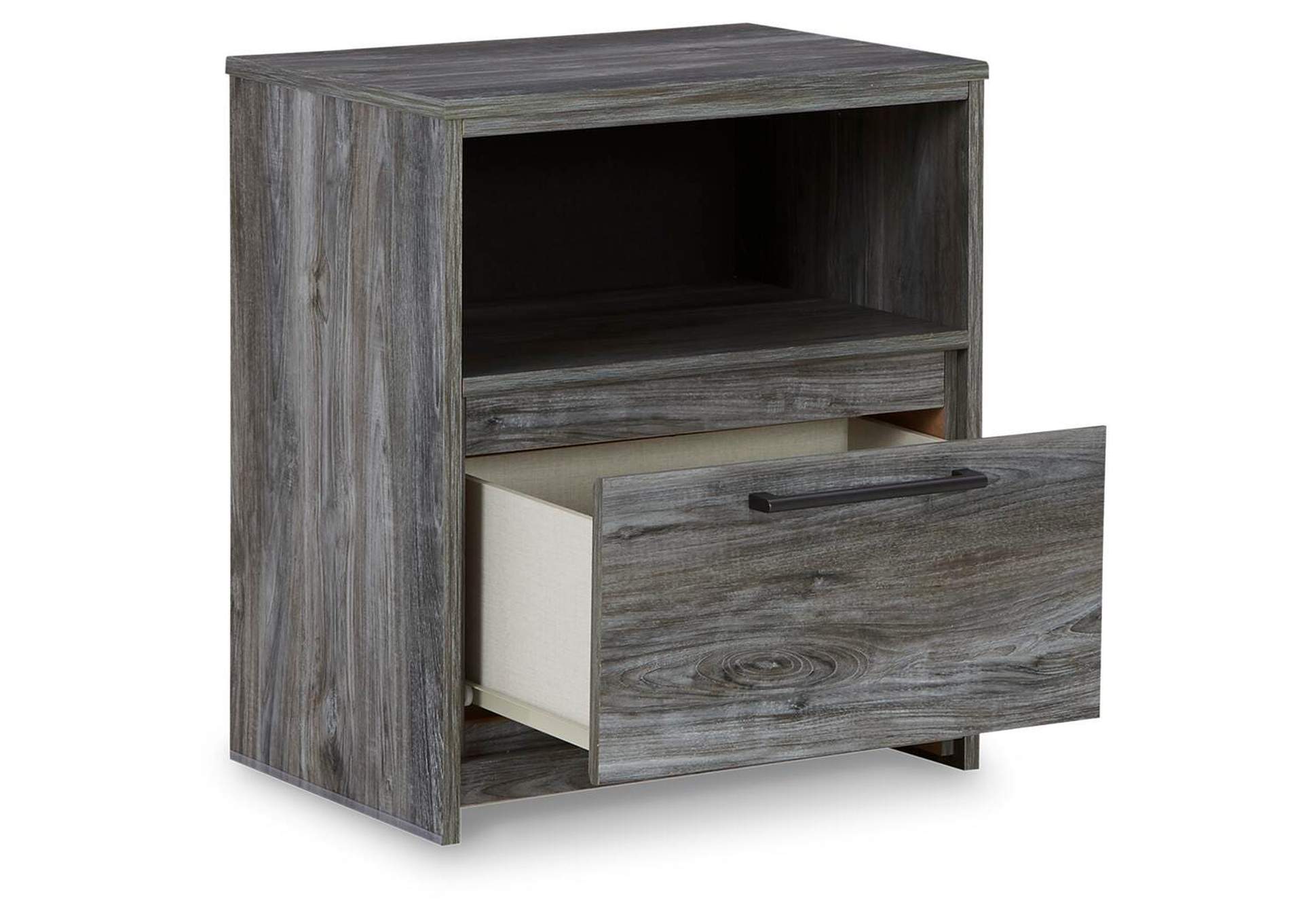 Baystorm King Panel Bed with 2 Storage Drawers with Mirrored Dresser, and Nightstand angled view