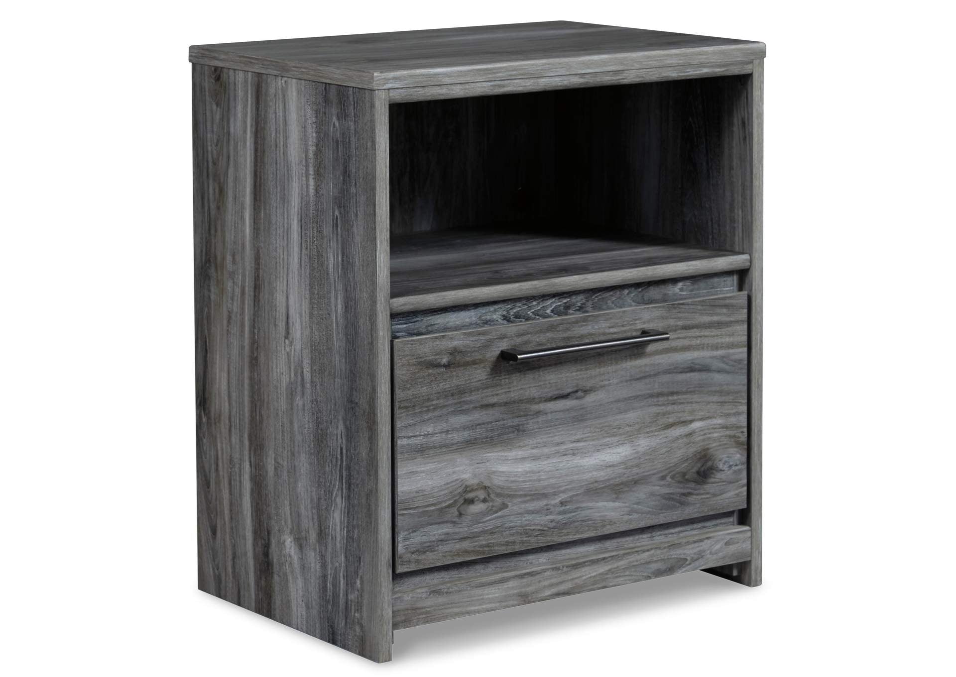 Baystorm Full Panel Bed with Mirrored Dresser and Nightstand angled view