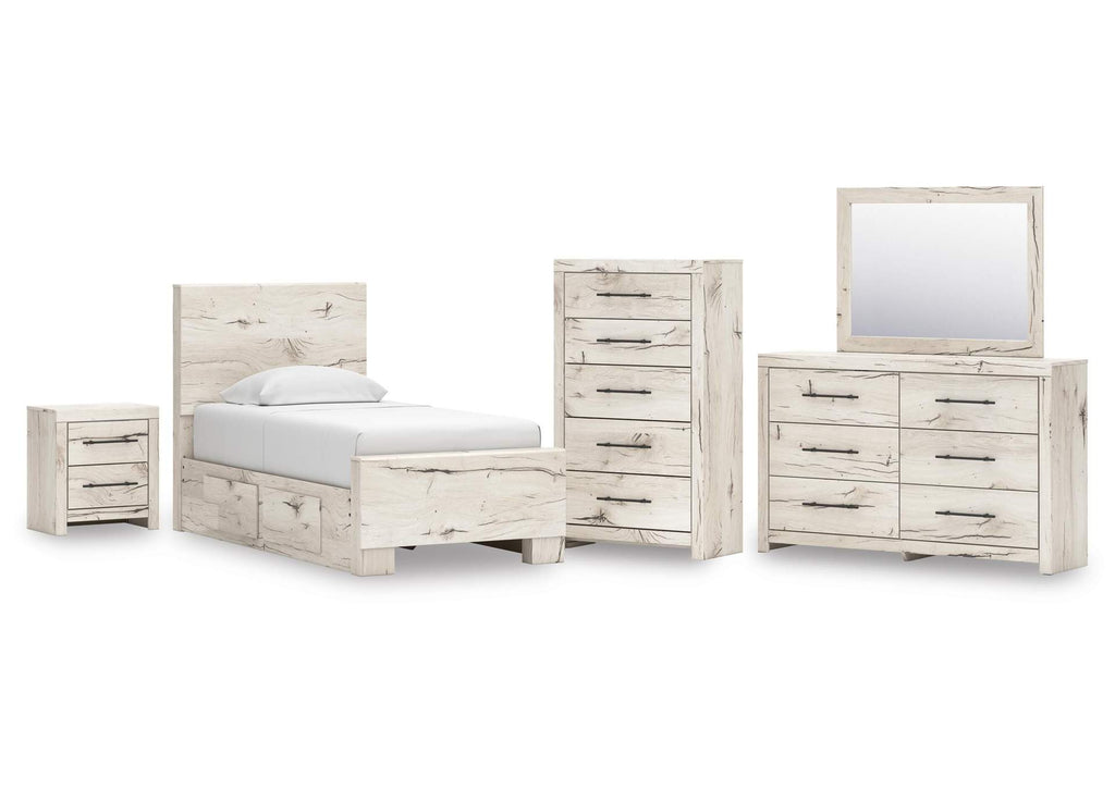 Lawroy Twin Panel Bed with Mirrored Dresser, Chest and Nightstand