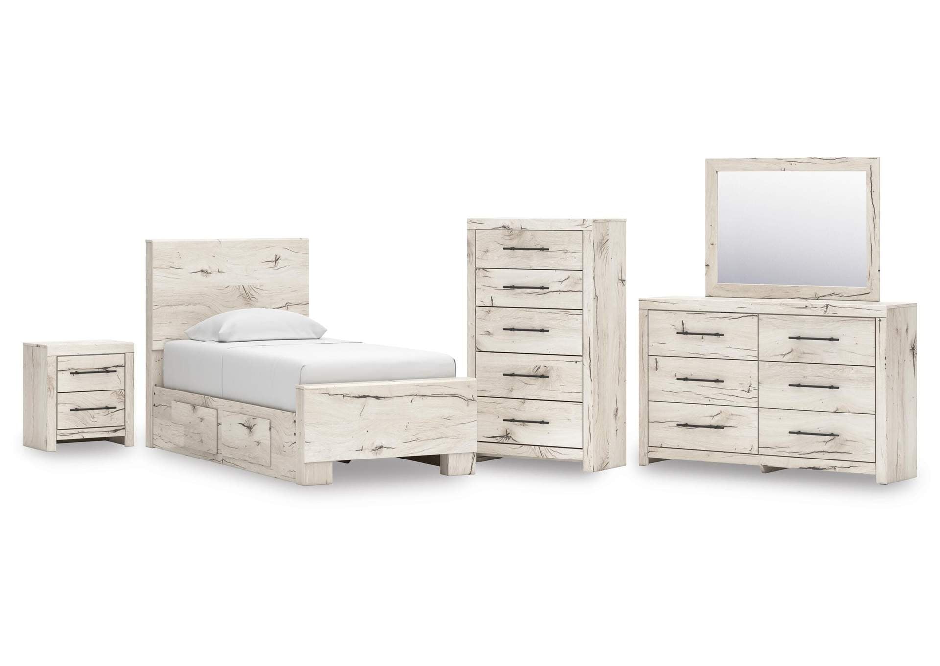 Lawroy Twin Panel Bed with Mirrored Dresser, Chest and Nightstand