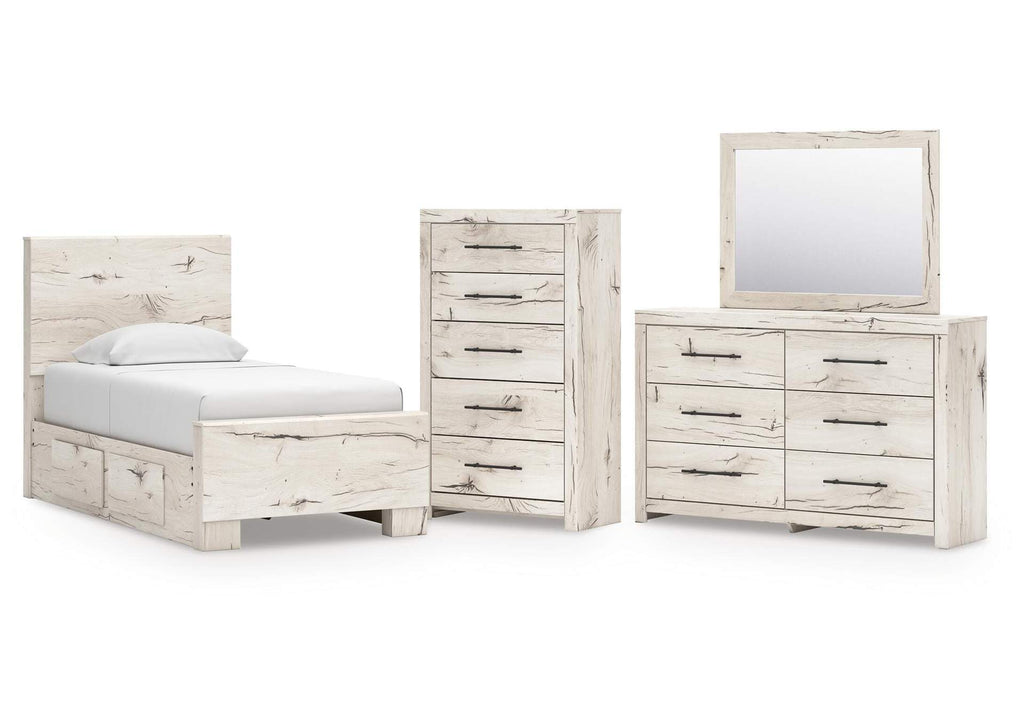 Lawroy Twin Panel Bed with Storage with Mirrored Dresser and Chest