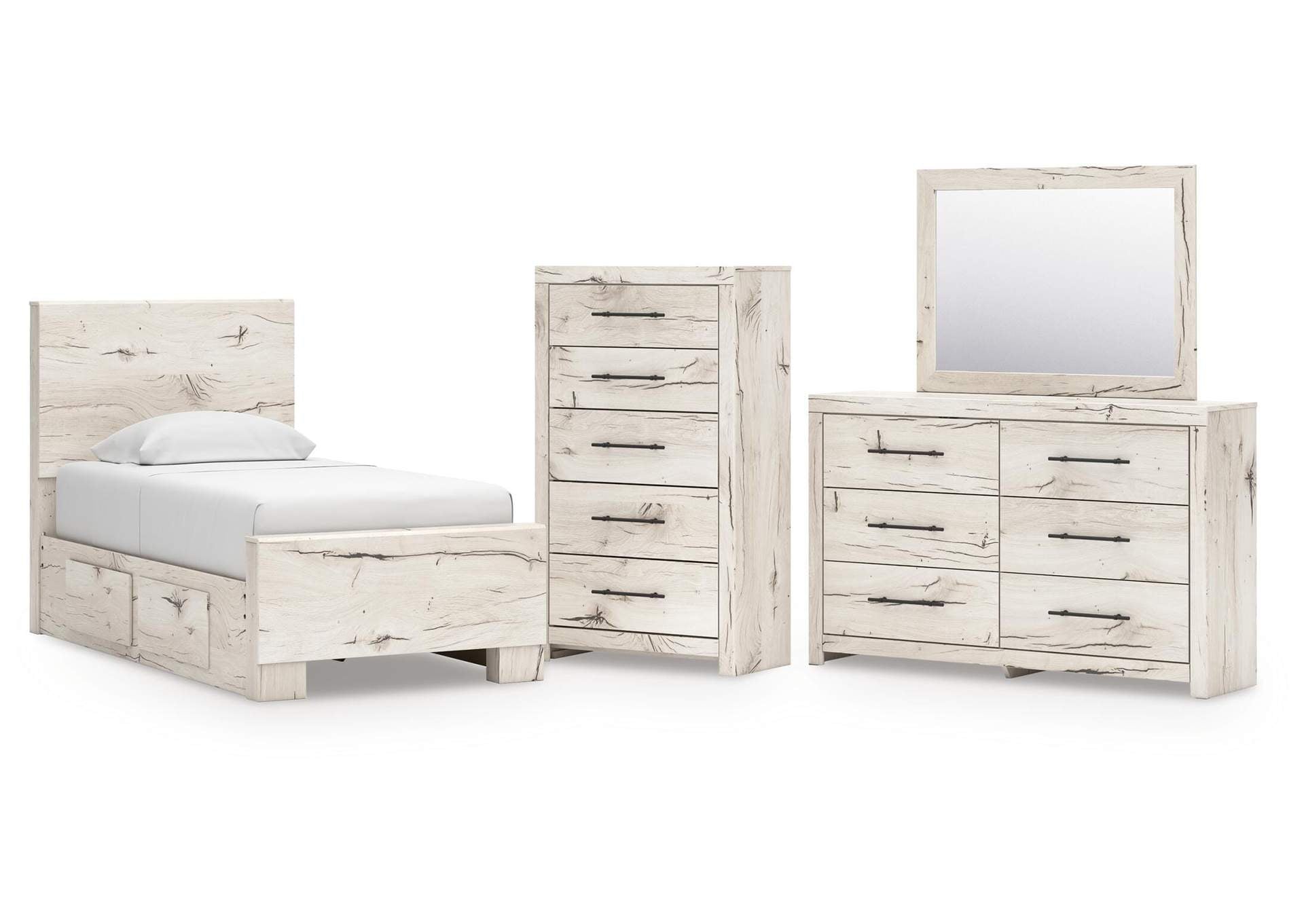 Lawroy Twin Panel Bed with Storage with Mirrored Dresser and Chest
