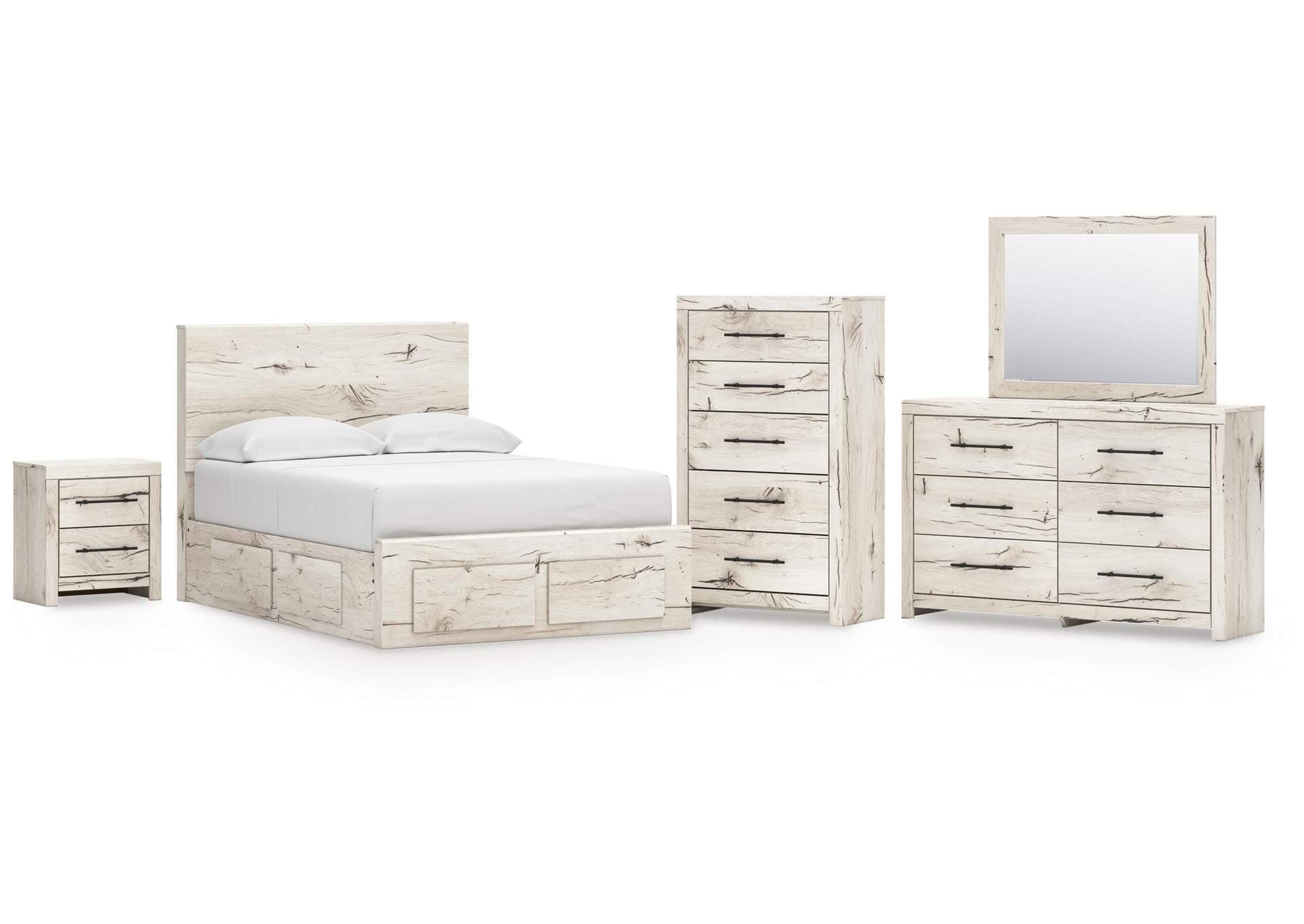 Lawroy Full Panel Storage Bed with Mirrored Dresser, Chest and Nightstand