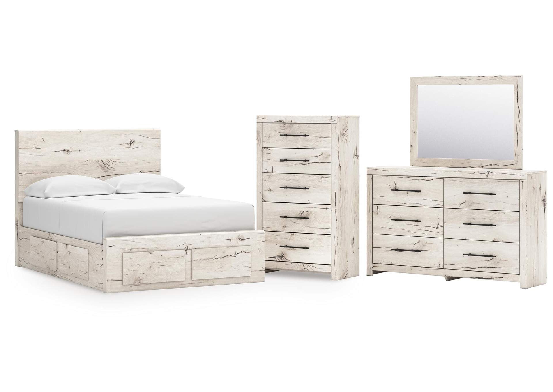 Lawroy Full Panel Storage Bed with Mirrored Dresser and Chest