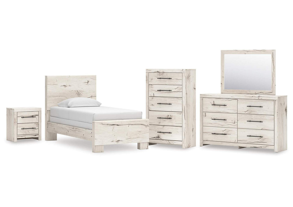 Lawroy Twin Panel Bed with Mirrored Dresser, Chest and Nightstand