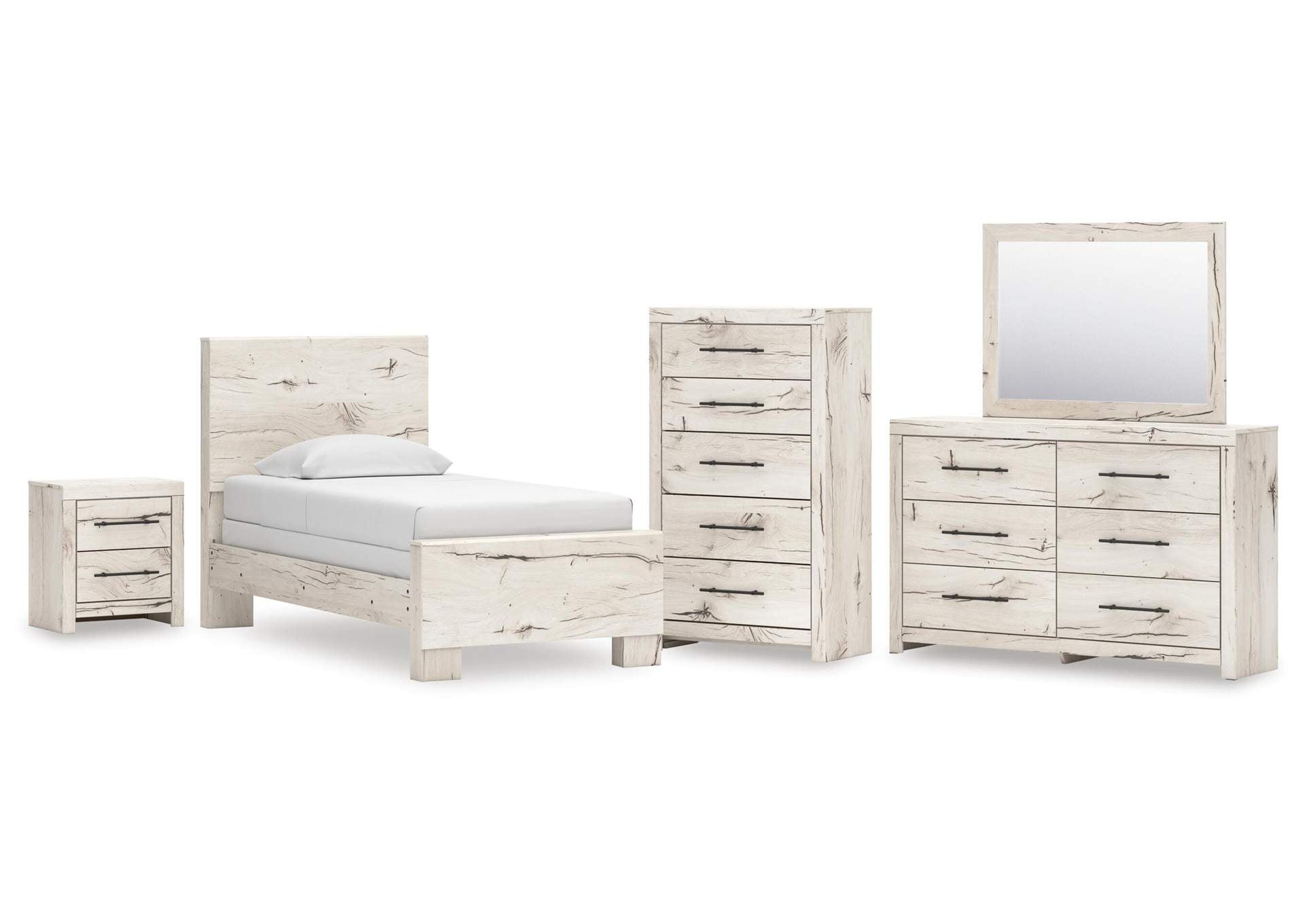 Lawroy Twin Panel Bed with Mirrored Dresser, Chest and Nightstand