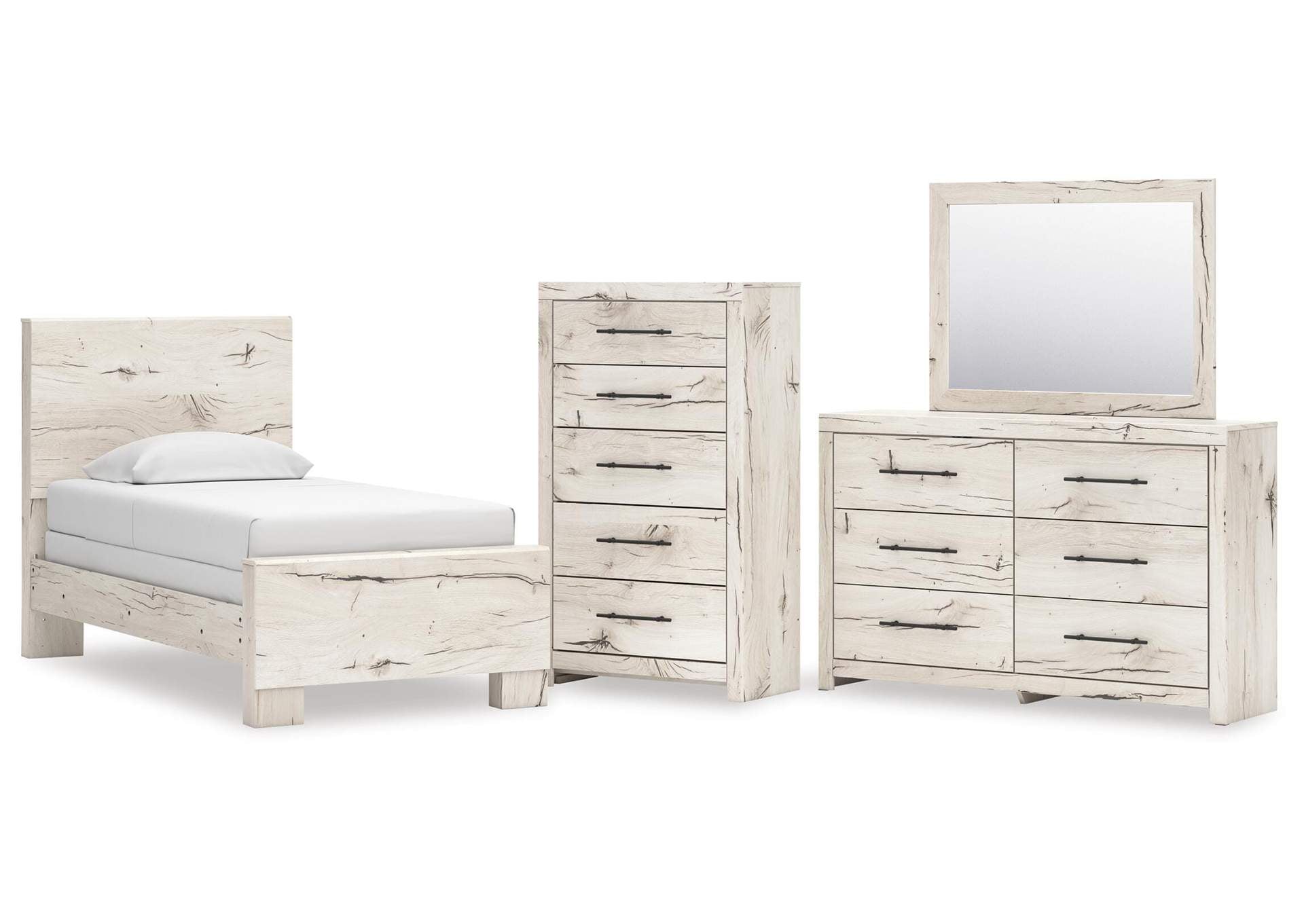 Lawroy Twin Panel Bed with Storage with Mirrored Dresser and Chest