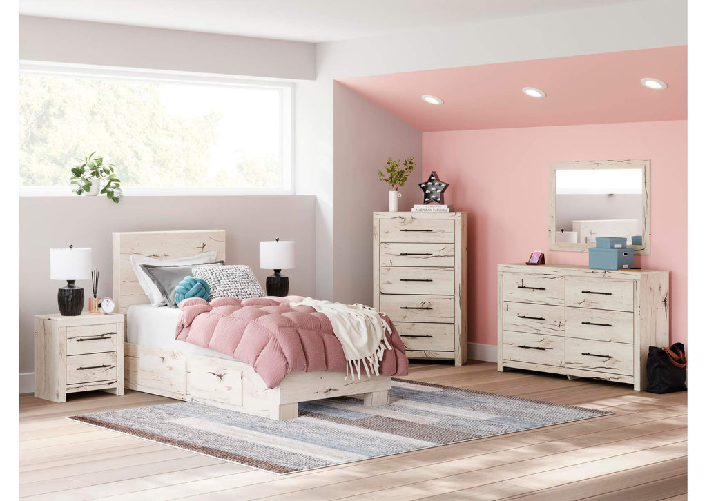 Lawroy Twin Panel Bed with Storage, Dresser and Mirror