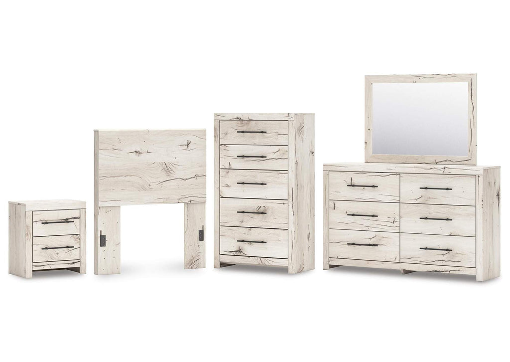 Lawroy Twin Panel Headboard with Mirrored Dresser, Chest and Nightstand