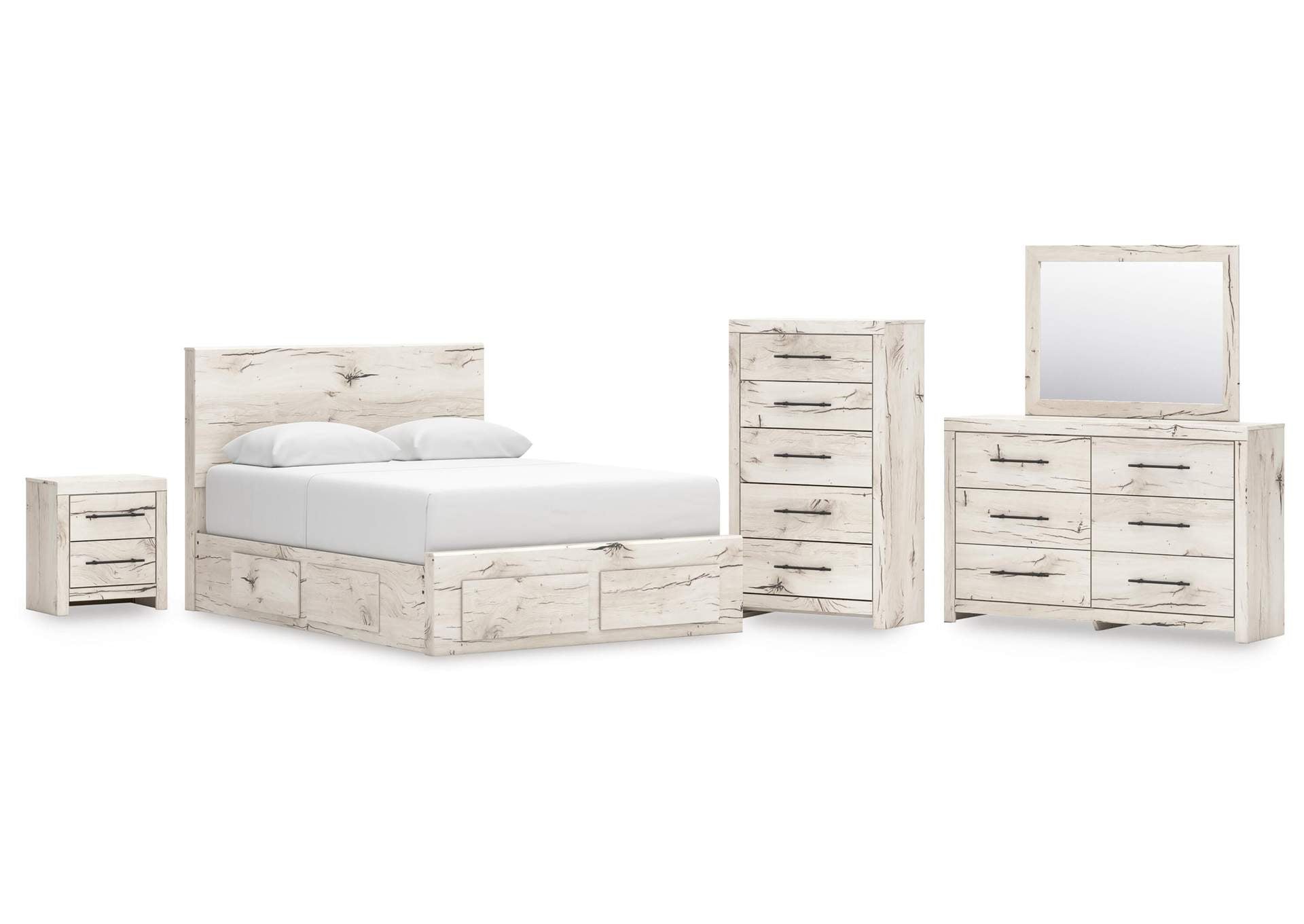 Lawroy Queen Panel Storage Bed with Mirrored Dresser, Chest and Nightstand