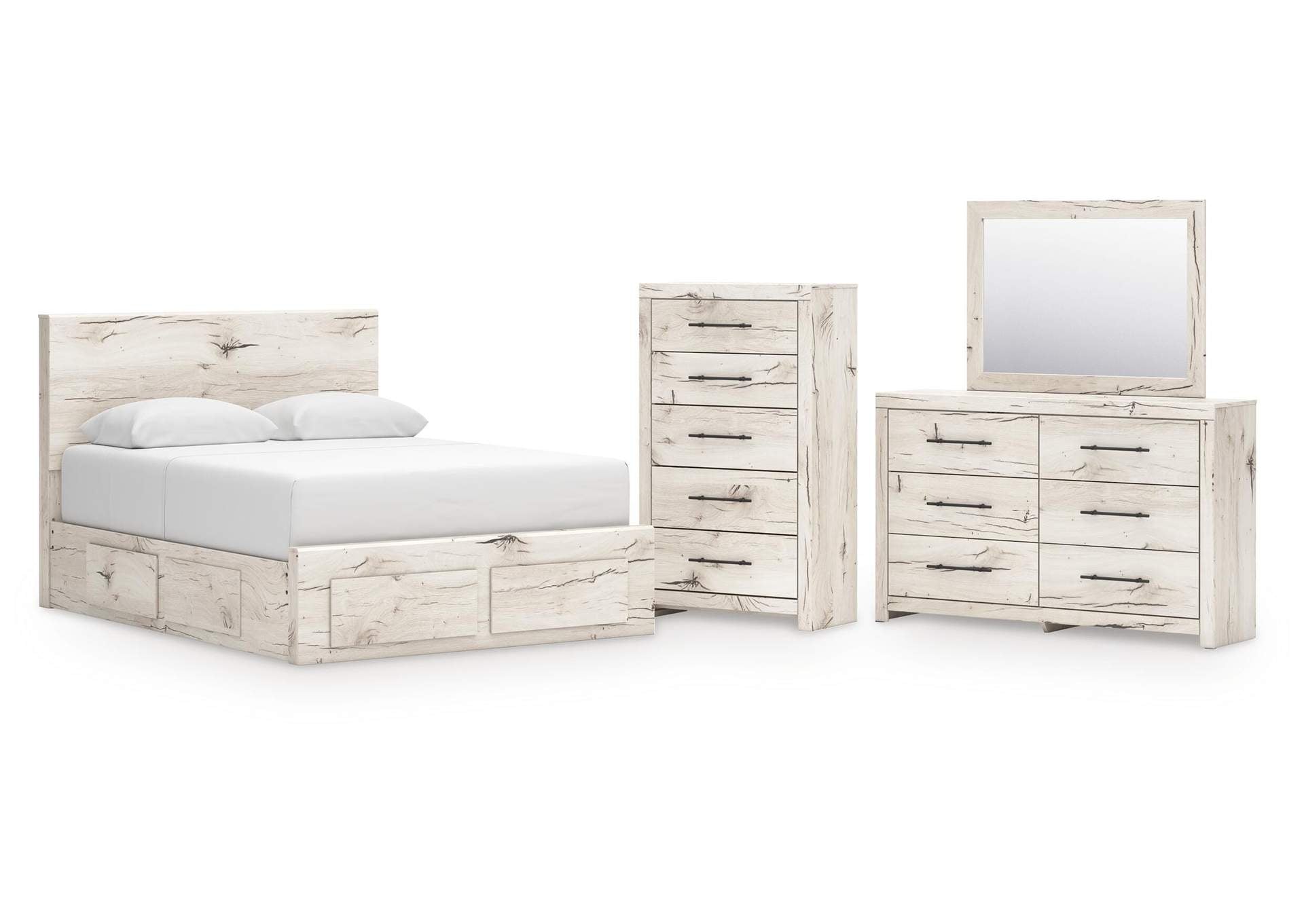 Lawroy Queen Panel Storage Bed with Mirrored Dresser and Chest