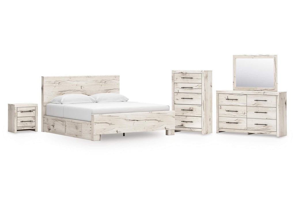 Lawroy King Panel Bed with Mirrored Dresser, Chest and Nightstand