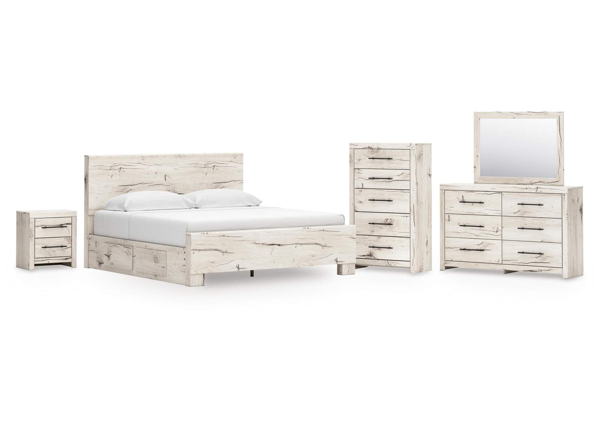 Lawroy King Panel Bed with Mirrored Dresser, Chest and Nightstand