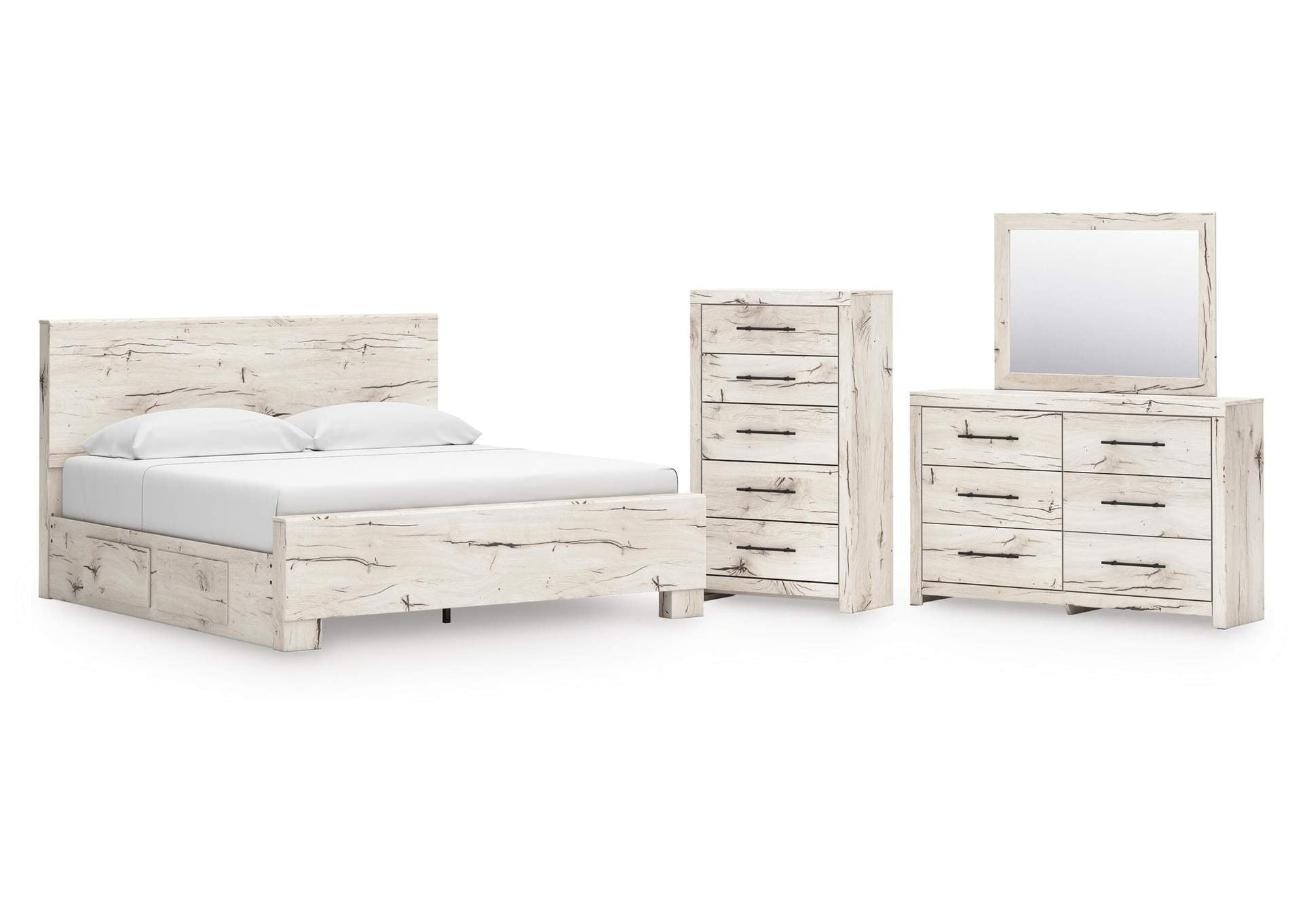 Lawroy King Panel Bed with Mirrored Dresser and Chest