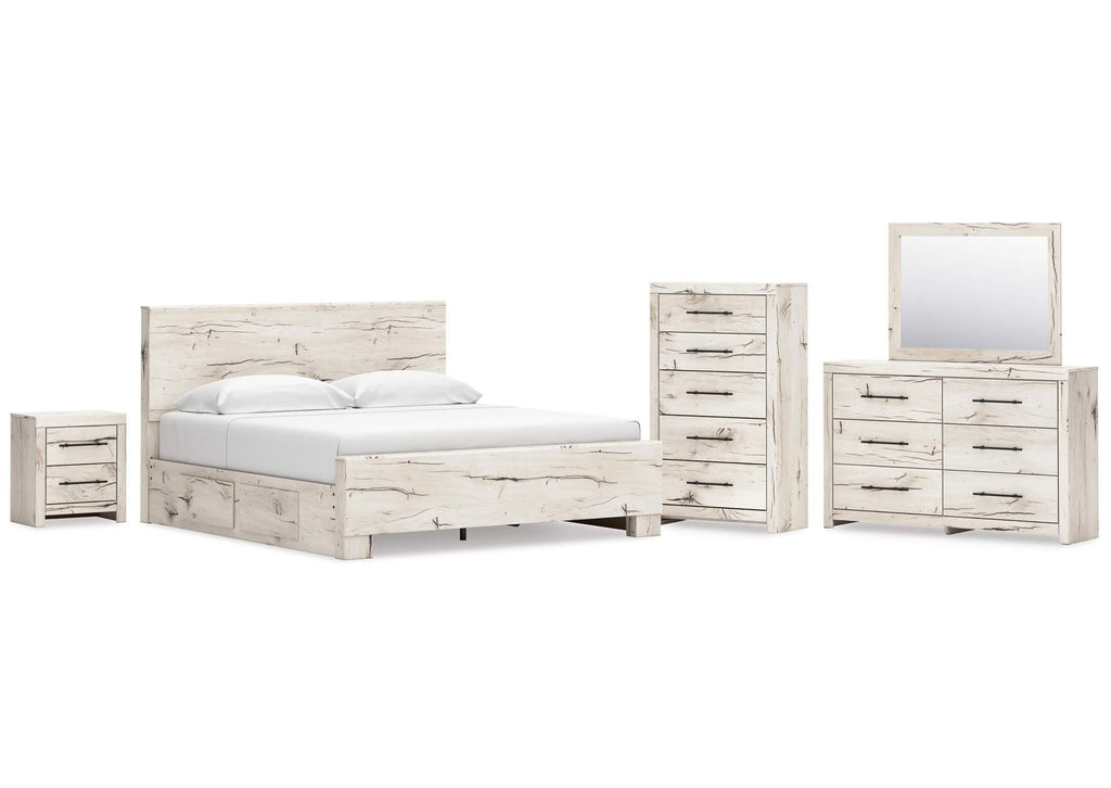 Lawroy King Panel Bed with Mirrored Dresser, Chest and Nightstand