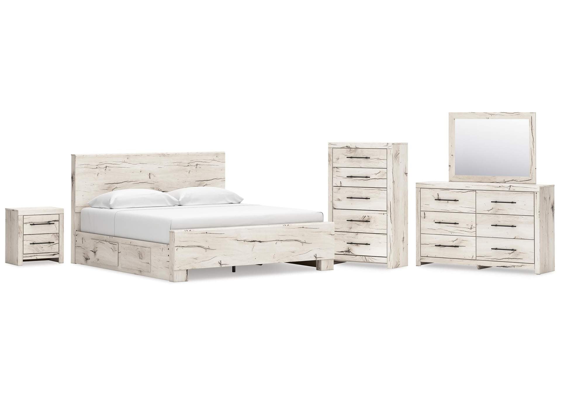 Lawroy King Panel Bed with Mirrored Dresser, Chest and Nightstand