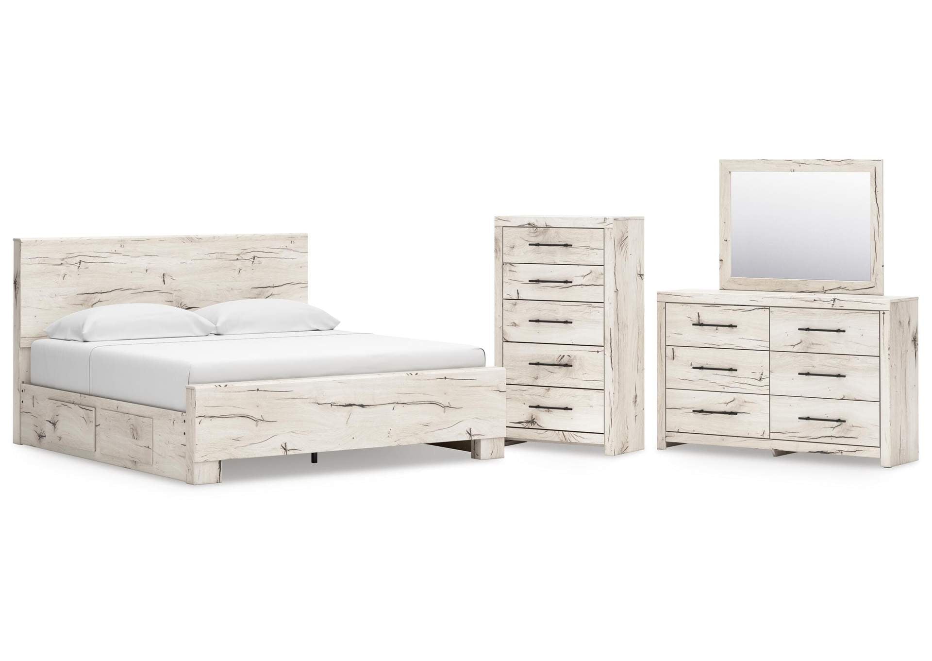 Lawroy King Panel Bed with Mirrored Dresser and Chest