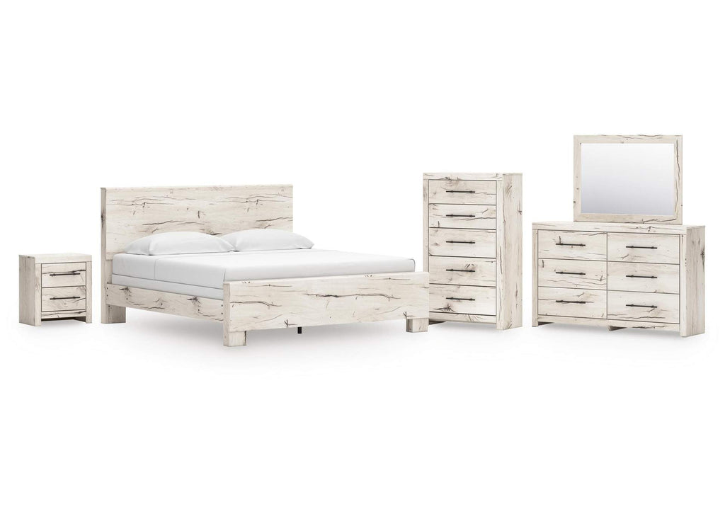 Lawroy King Panel Bed with Mirrored Dresser, Chest and Nightstand