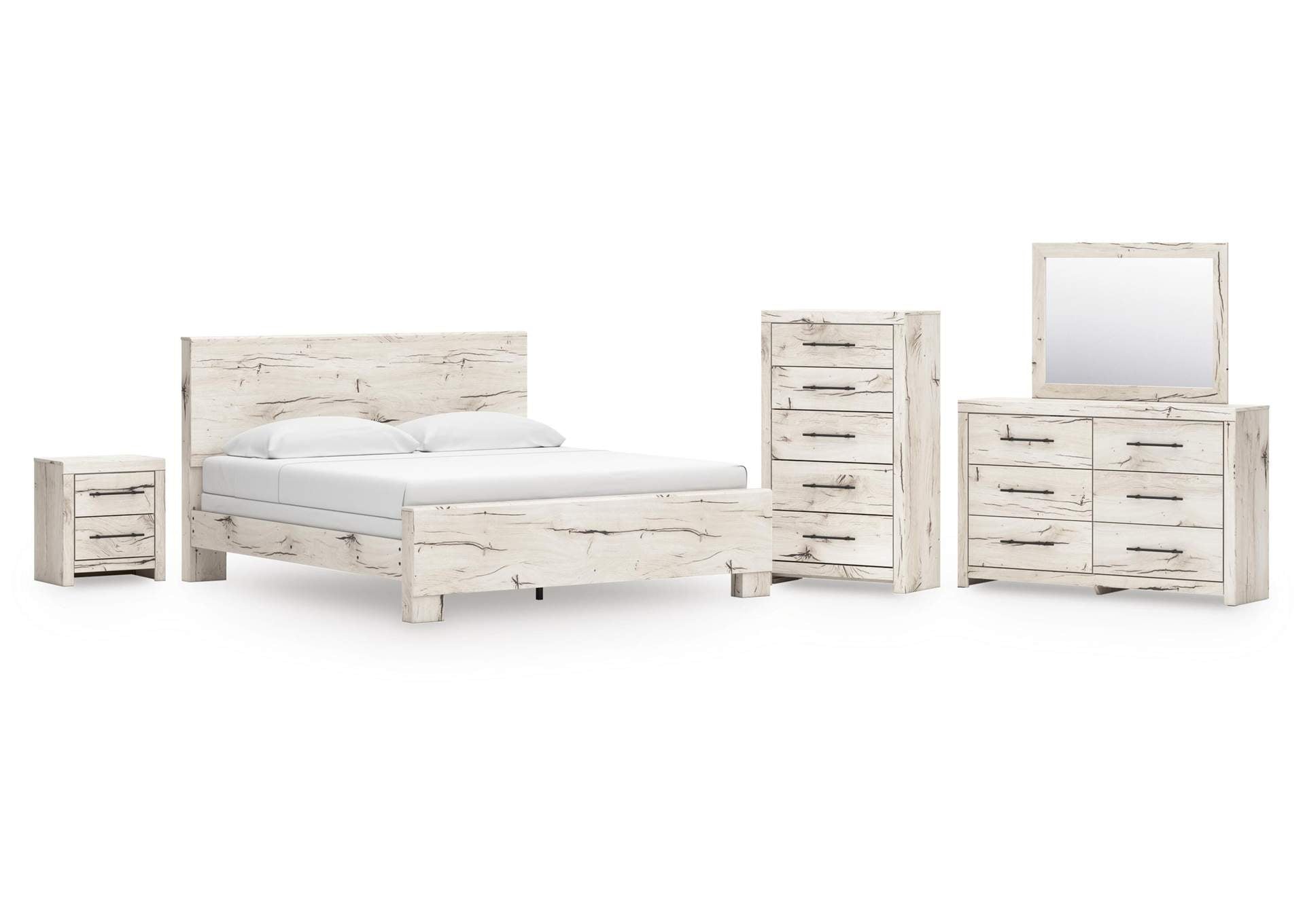 Lawroy King Panel Bed with Mirrored Dresser, Chest and Nightstand
