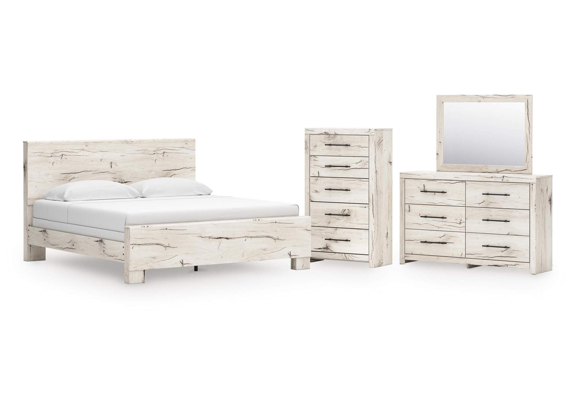 Lawroy King Panel Bed with Mirrored Dresser and Chest