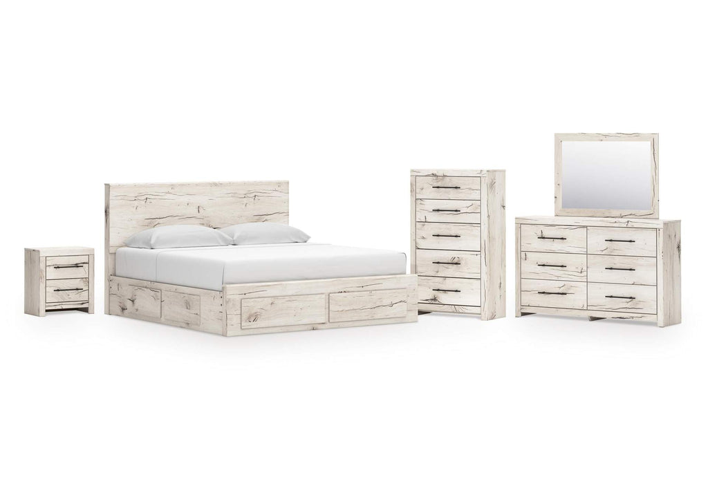 Lawroy King Panel Storage Bed with Mirrored Dresser, Chest and Nightstand