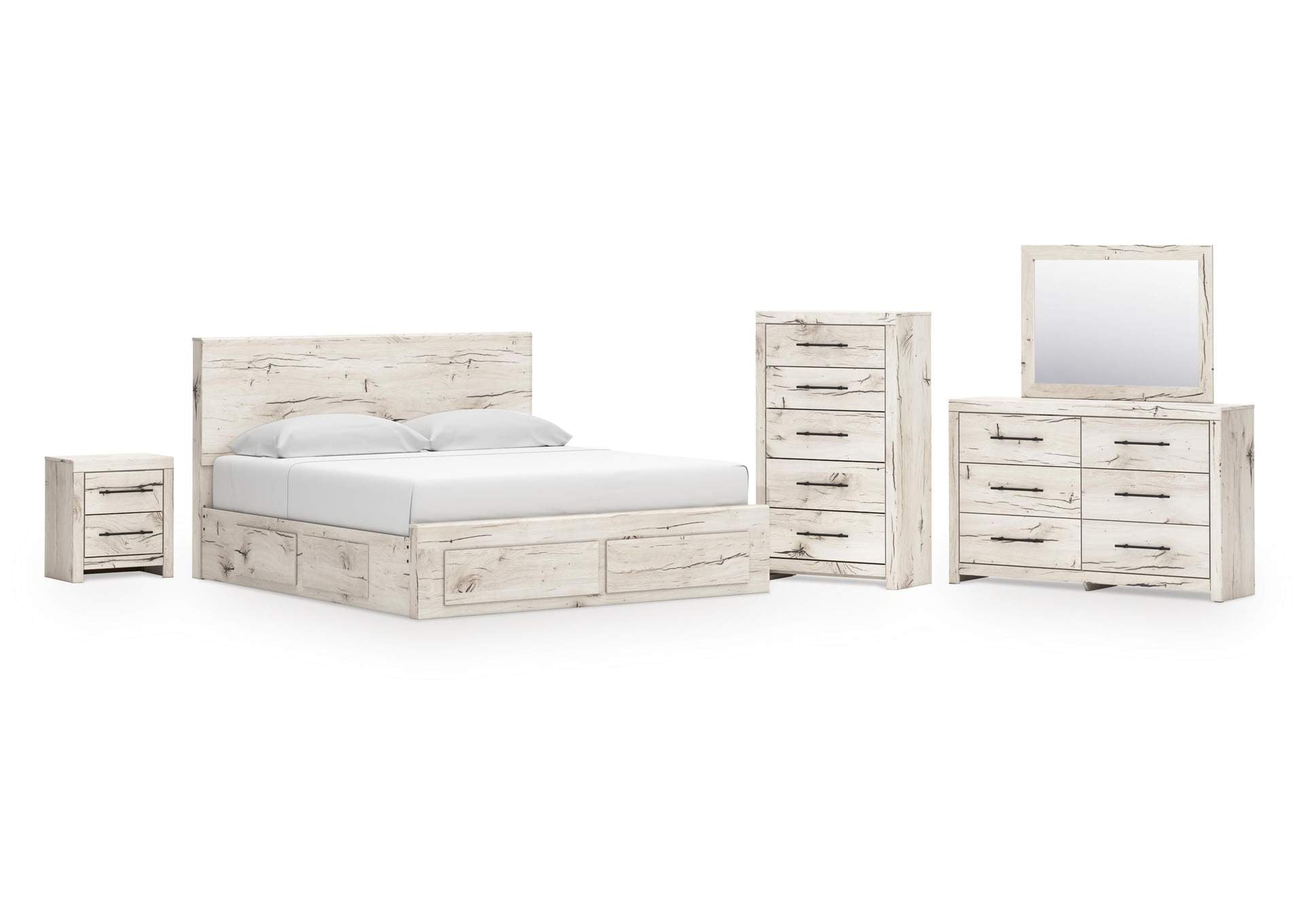 Lawroy King Panel Storage Bed with Mirrored Dresser, Chest and Nightstand