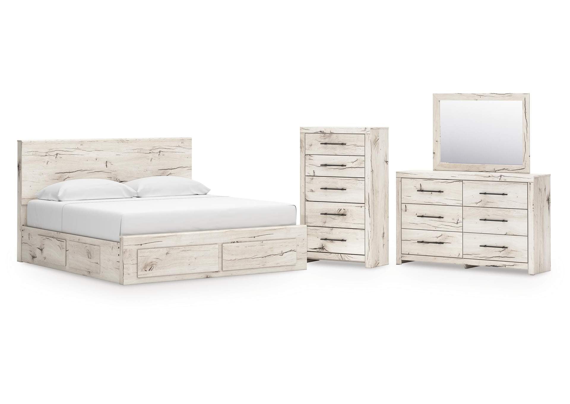Lawroy King Panel Storage Bed with Mirrored Dresser and Chest