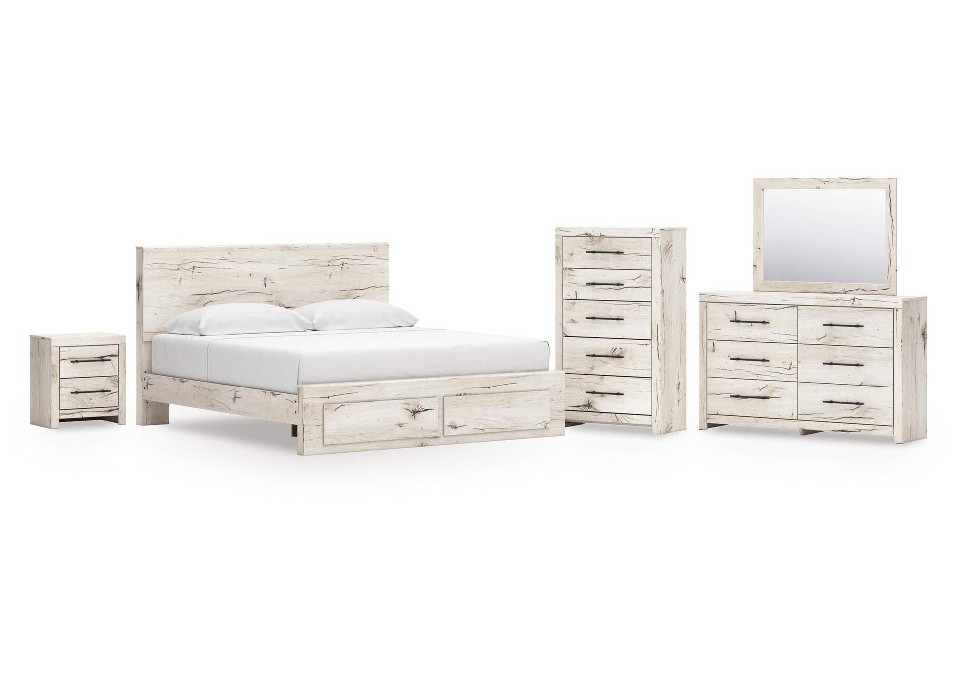 Lawroy King Panel Storage Bed with Mirrored Dresser, Chest and Nightstand
