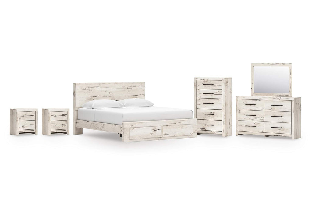 Lawroy King Panel Storage Bed, Dresser, Mirror, Chest and 2 Nightstands