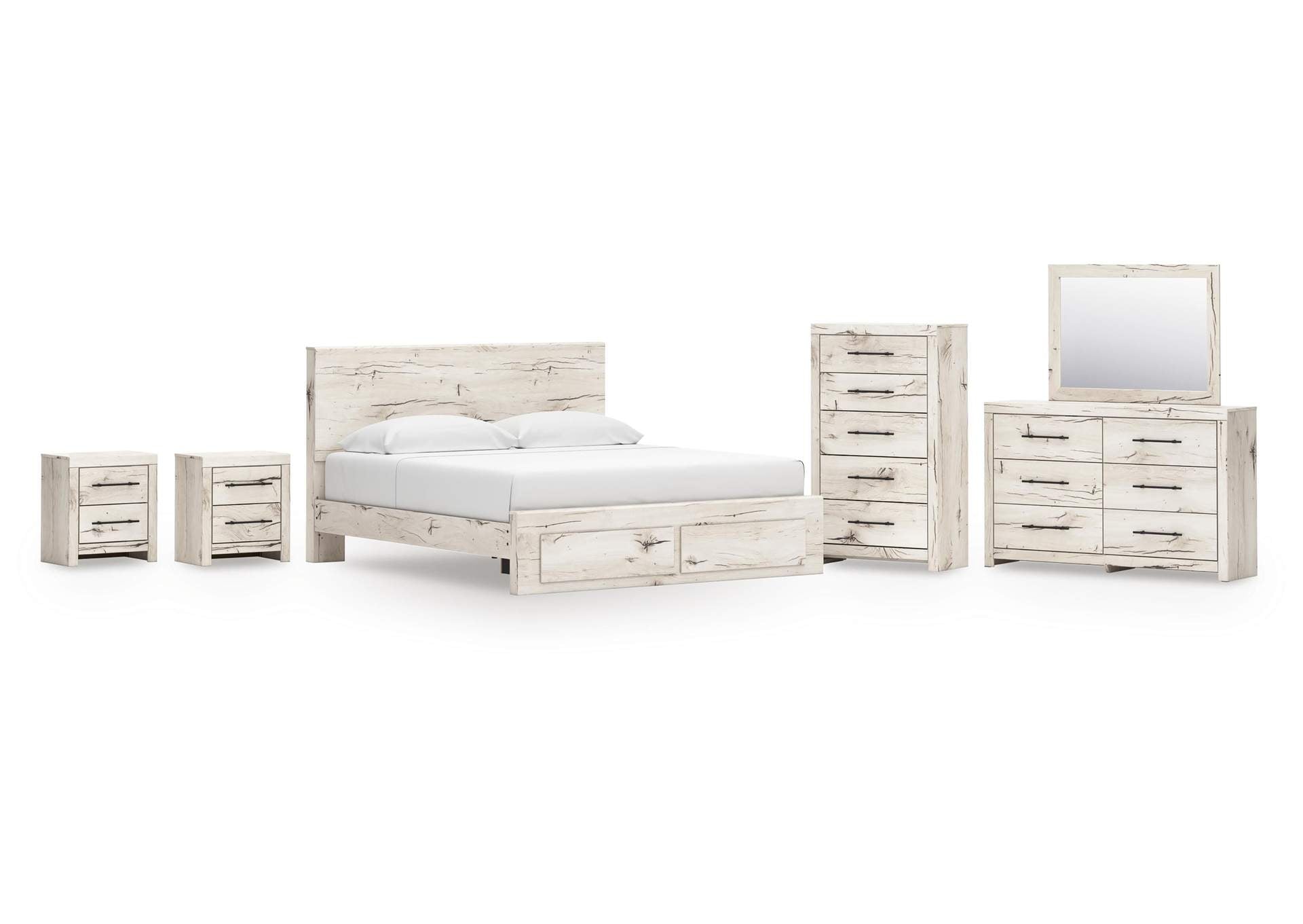 Lawroy King Panel Storage Bed, Dresser, Mirror, Chest and 2 Nightstands