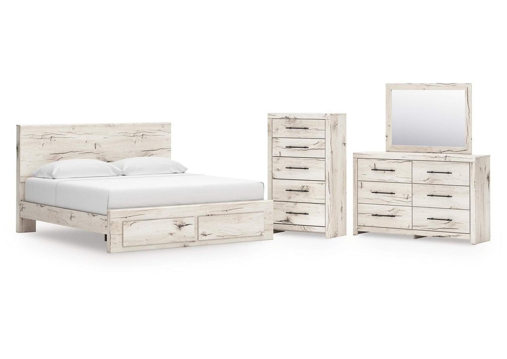 Lawroy King Panel Storage Bed with Mirrored Dresser and Chest