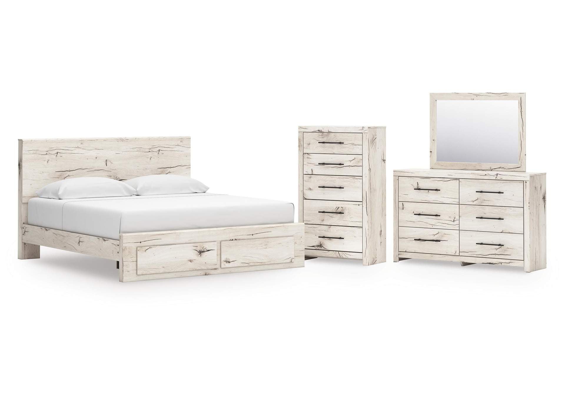 Lawroy King Panel Storage Bed with Mirrored Dresser and Chest