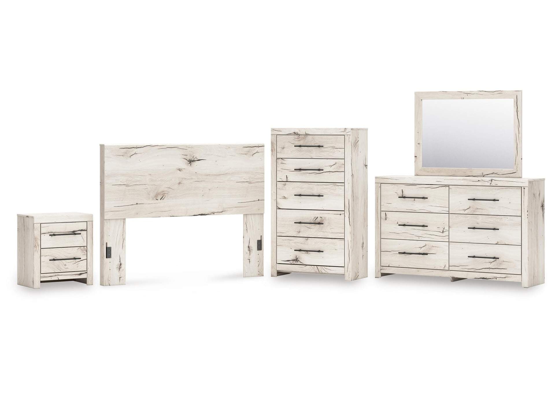 Lawroy Queen Panel Headboard with Mirrored Dresser, Chest and Nightstand