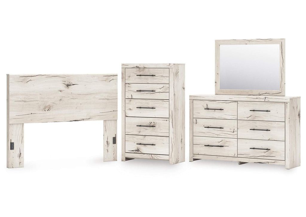 Lawroy Queen Panel Headboard with Mirrored Dresser and Chest