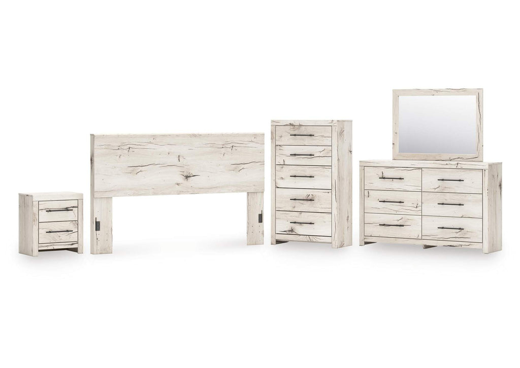 Lawroy King Panel Headboard with Mirrored Dresser, Chest and Nightstand