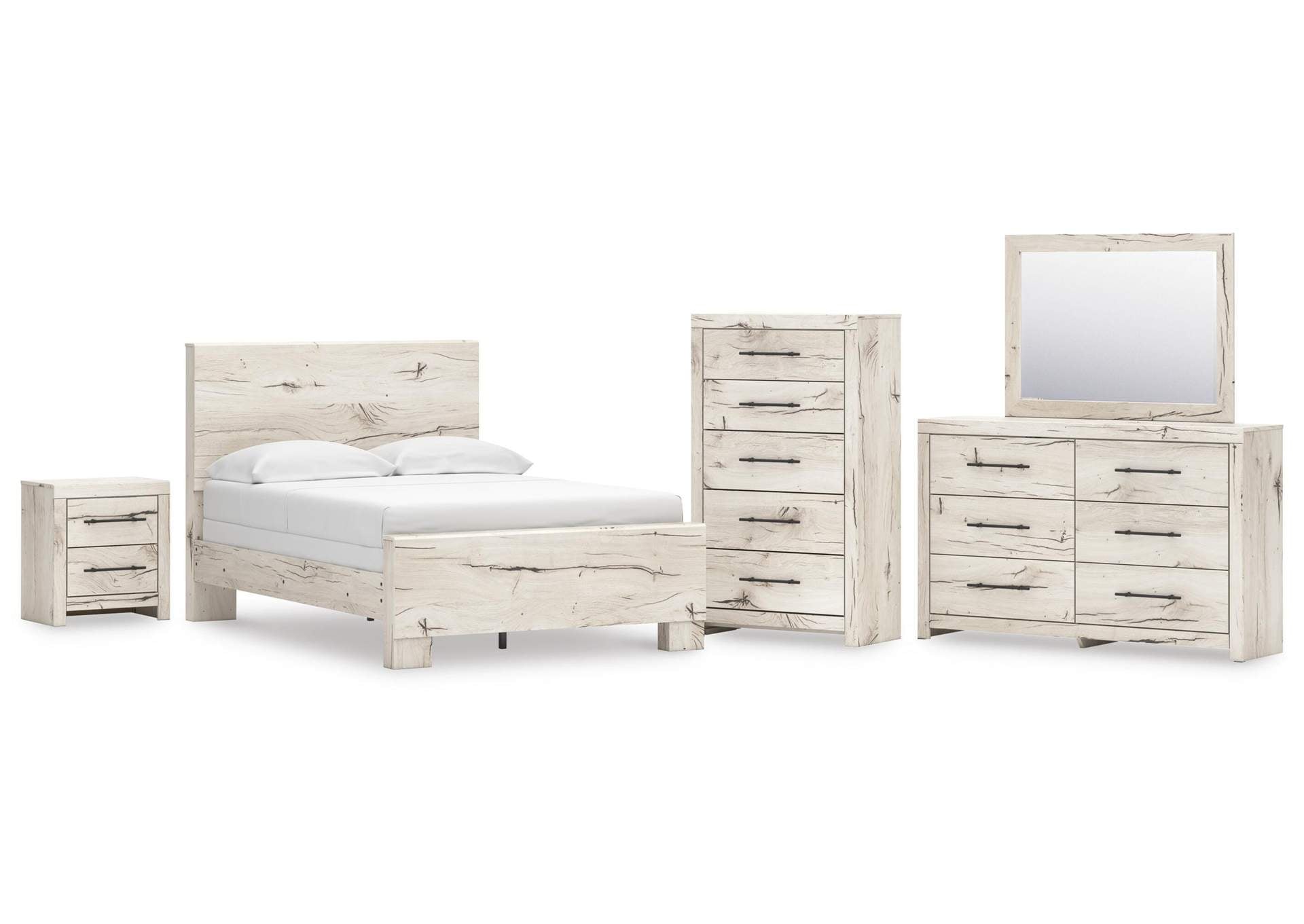 Lawroy Full Panel Bed with Mirrored Dresser, Chest and Nightstand
