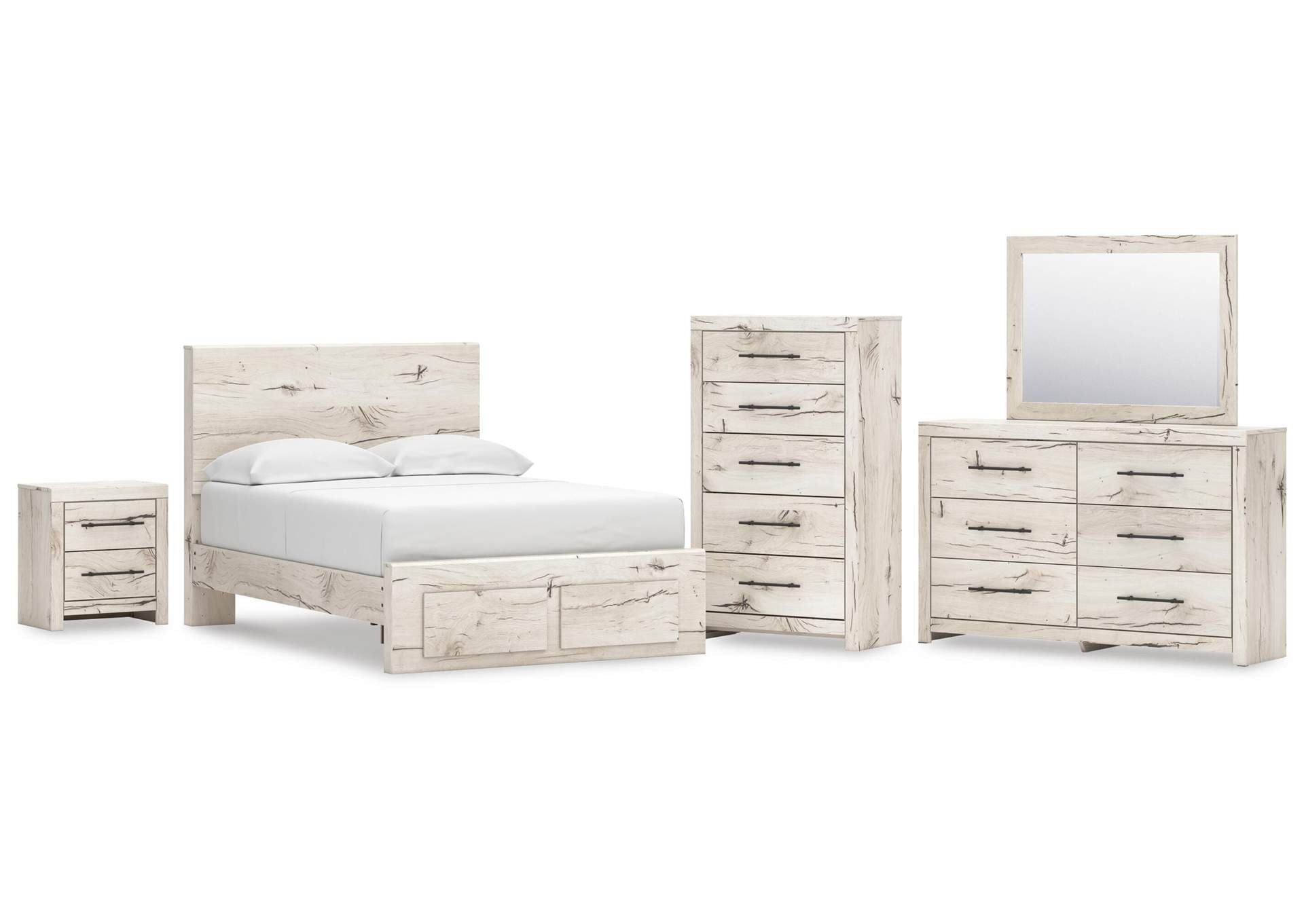 Lawroy Full Panel Storage Bed with Mirrored Dresser, Chest and Nightstand