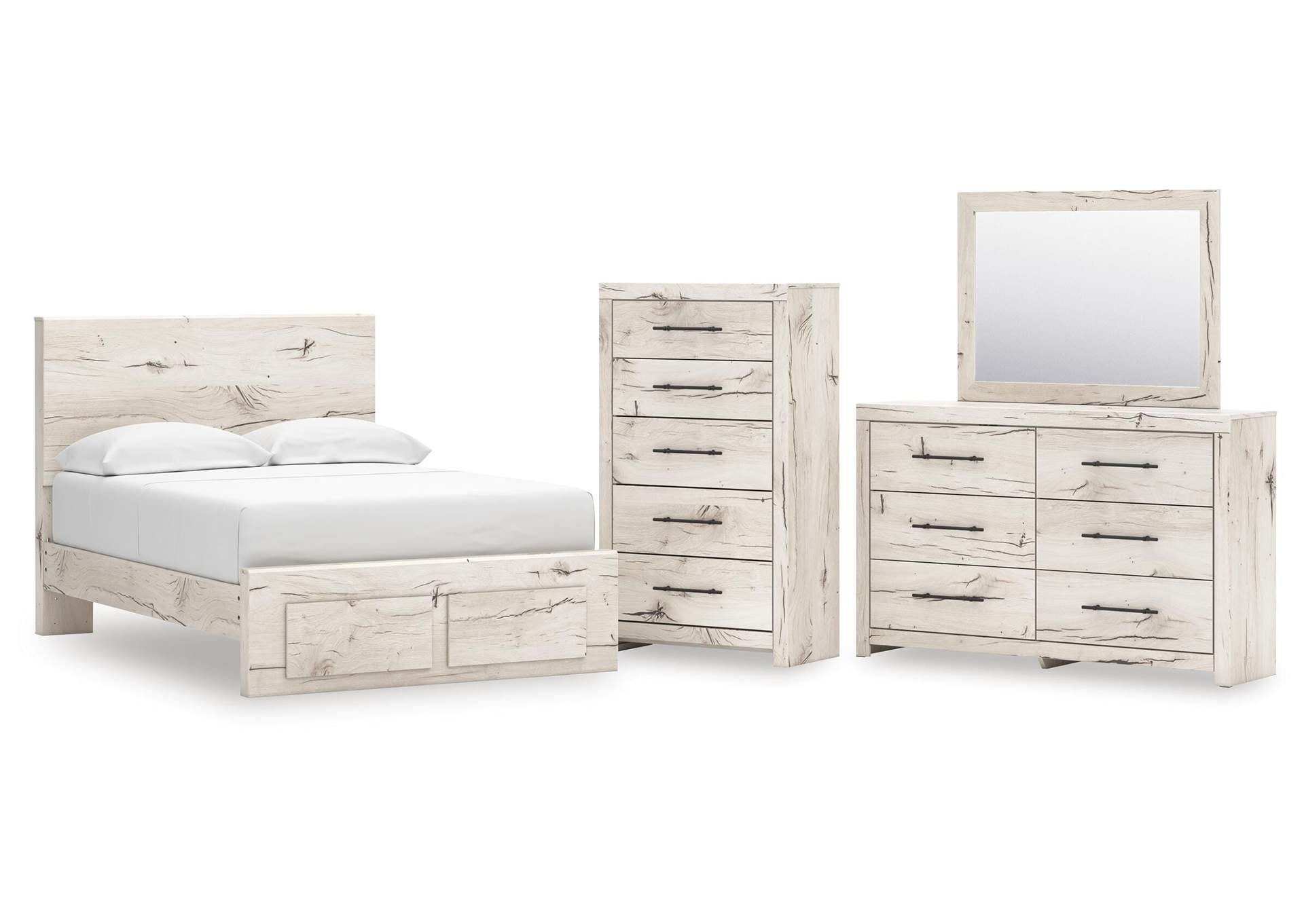 Lawroy Full Panel Storage Bed with Mirrored Dresser and Chest