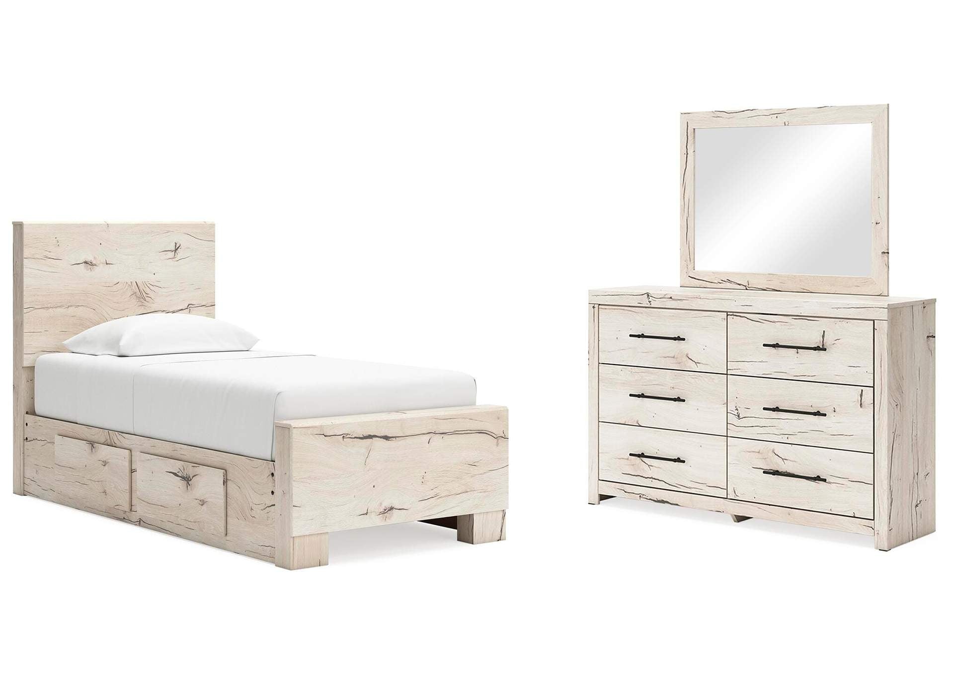 Lawroy Twin Panel Bed with Storage, Dresser and Mirror