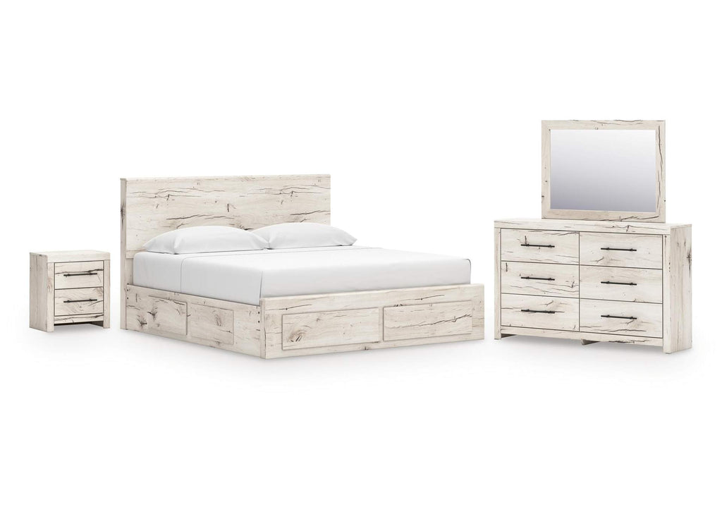 Lawroy King Panel Storage Bed with Mirrored Dresser and Nightstand