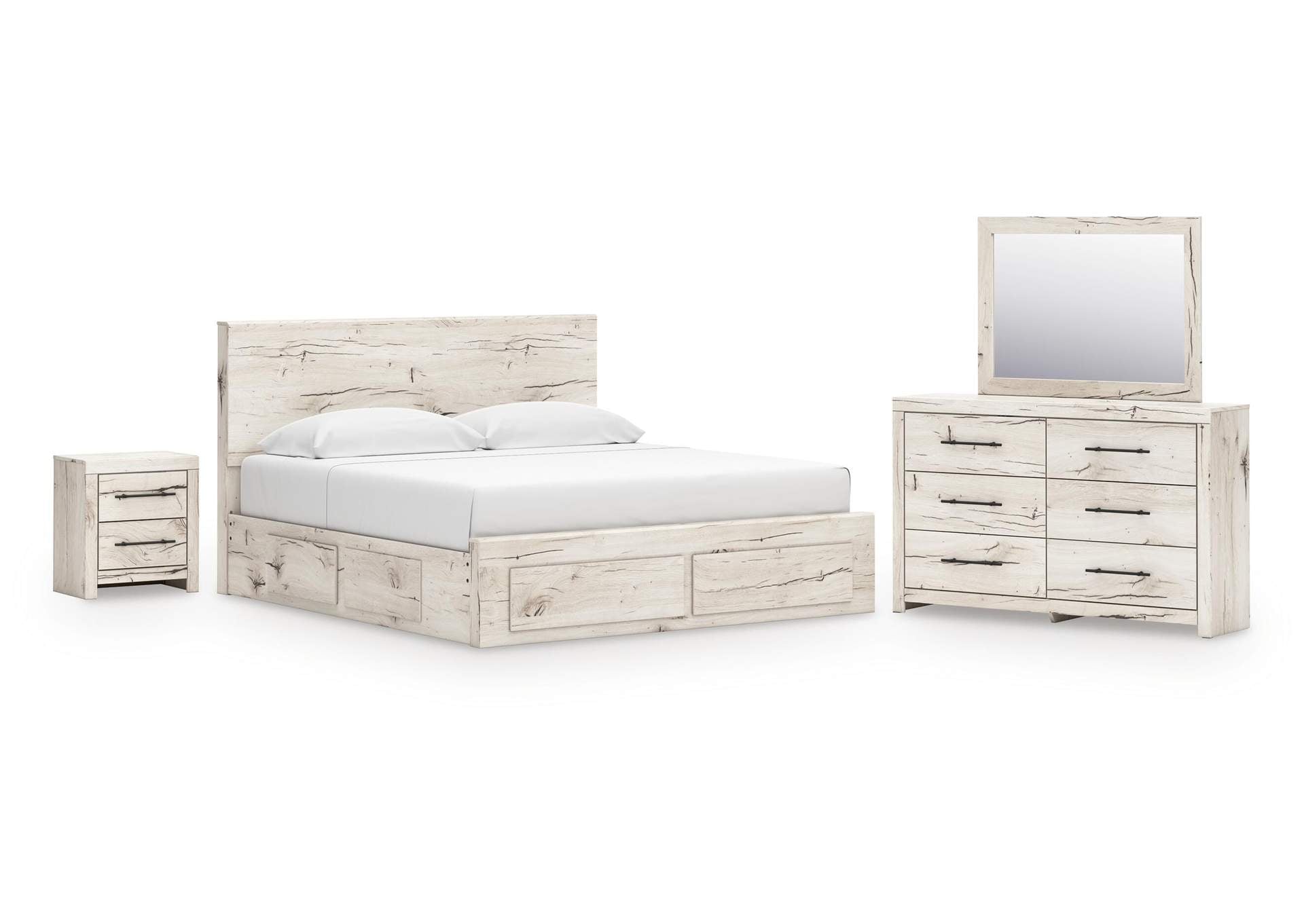 Lawroy King Panel Storage Bed with Mirrored Dresser and Nightstand