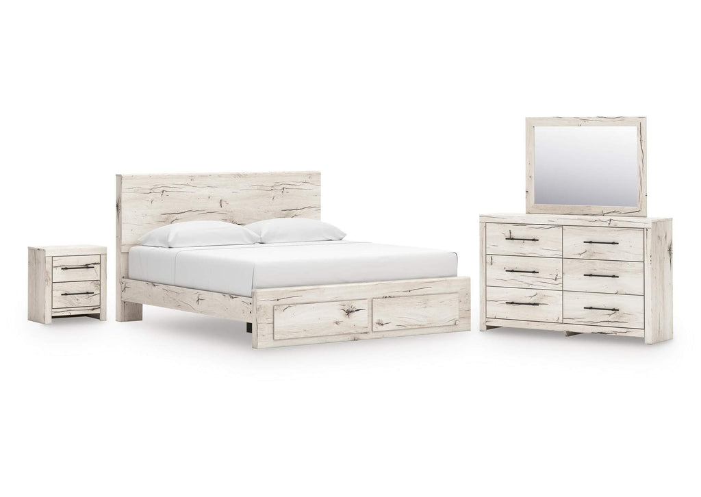Lawroy King Panel Storage Bed, Dresser, Mirror and Nightstand