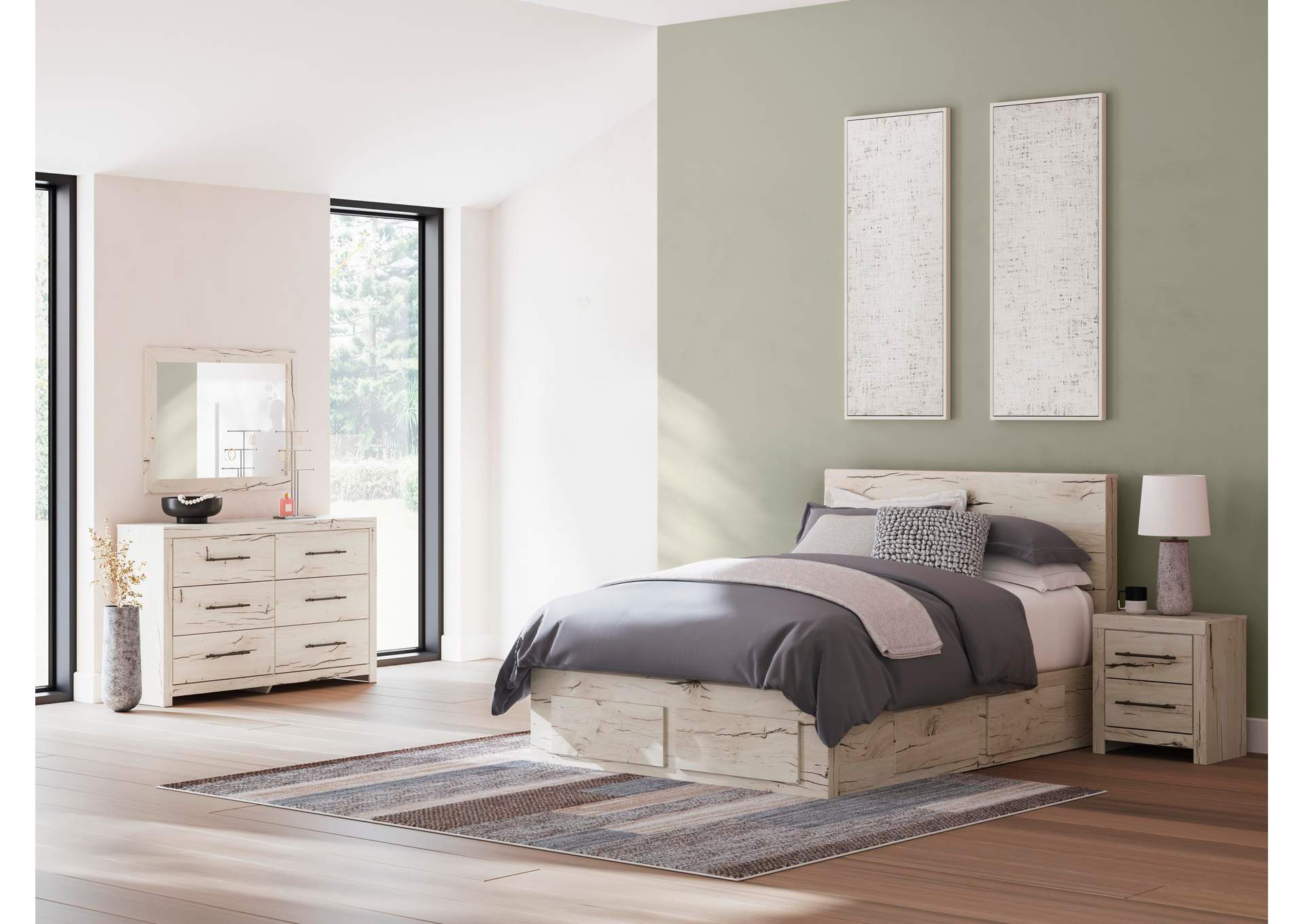 Lawroy Queen Panel Storage Bed with Mirrored Dresser and Nightstand