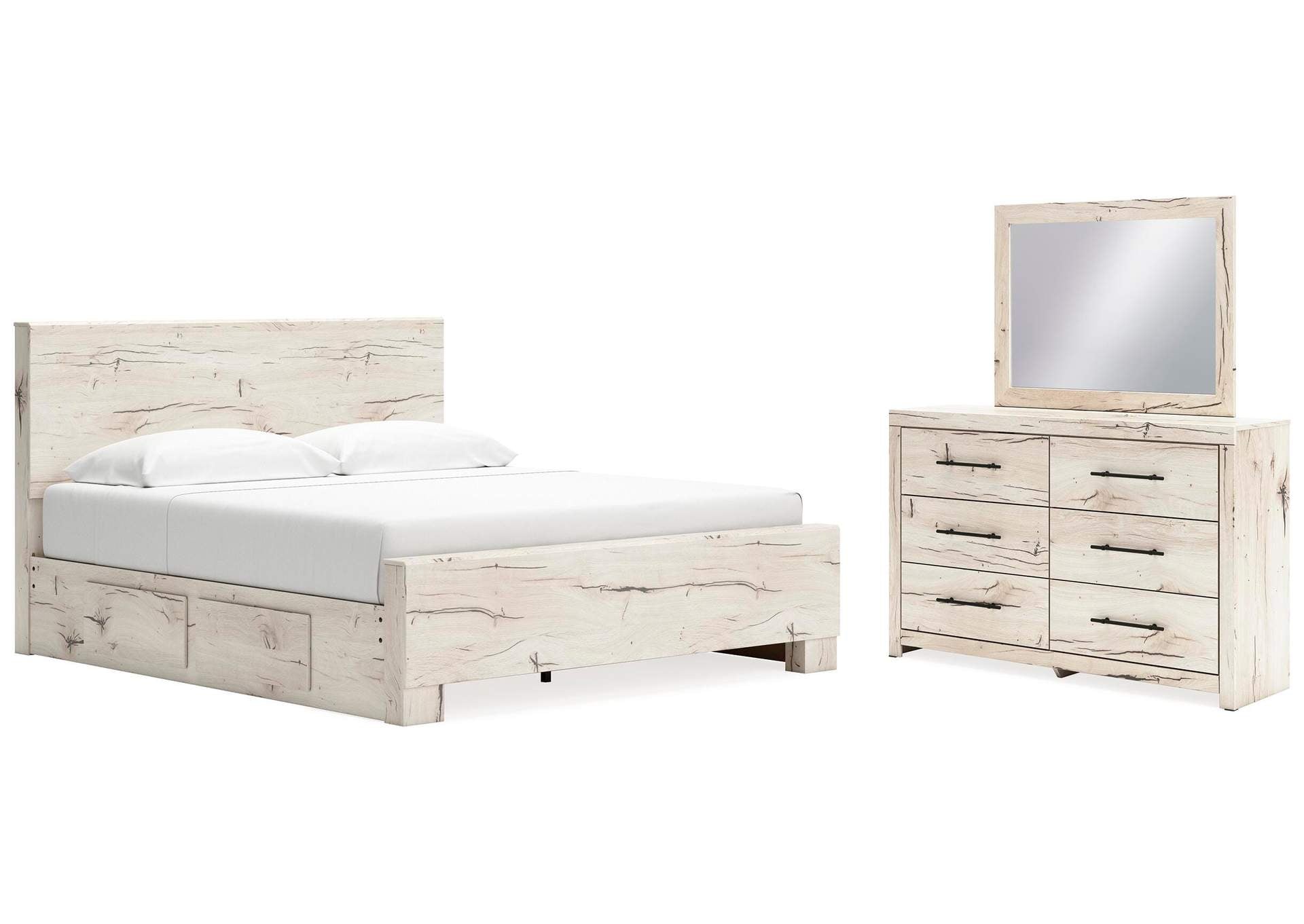 Lawroy King Panel Bed with Storage, Dresser and Mirror