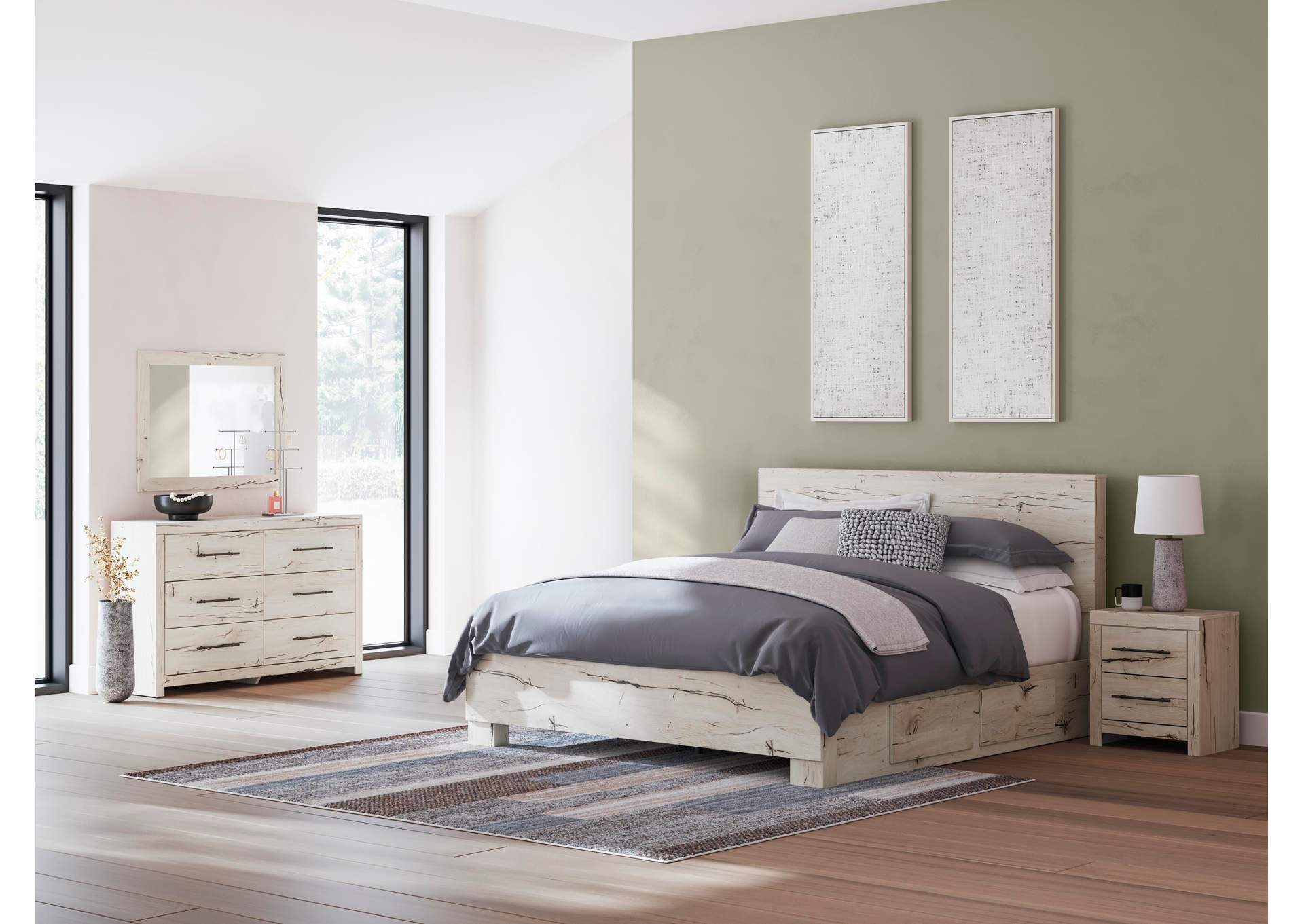 Lawroy King Panel Bed with Mirrored Dresser and Nightstand