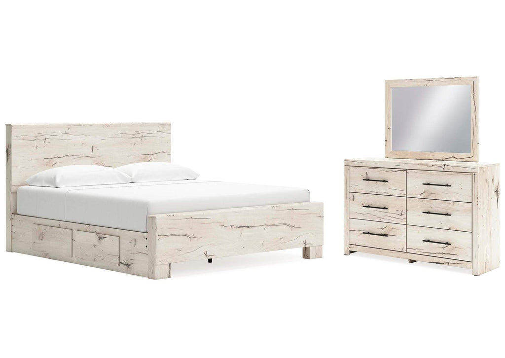 Lawroy King Panel Bed with Storage, Dresser and Mirror