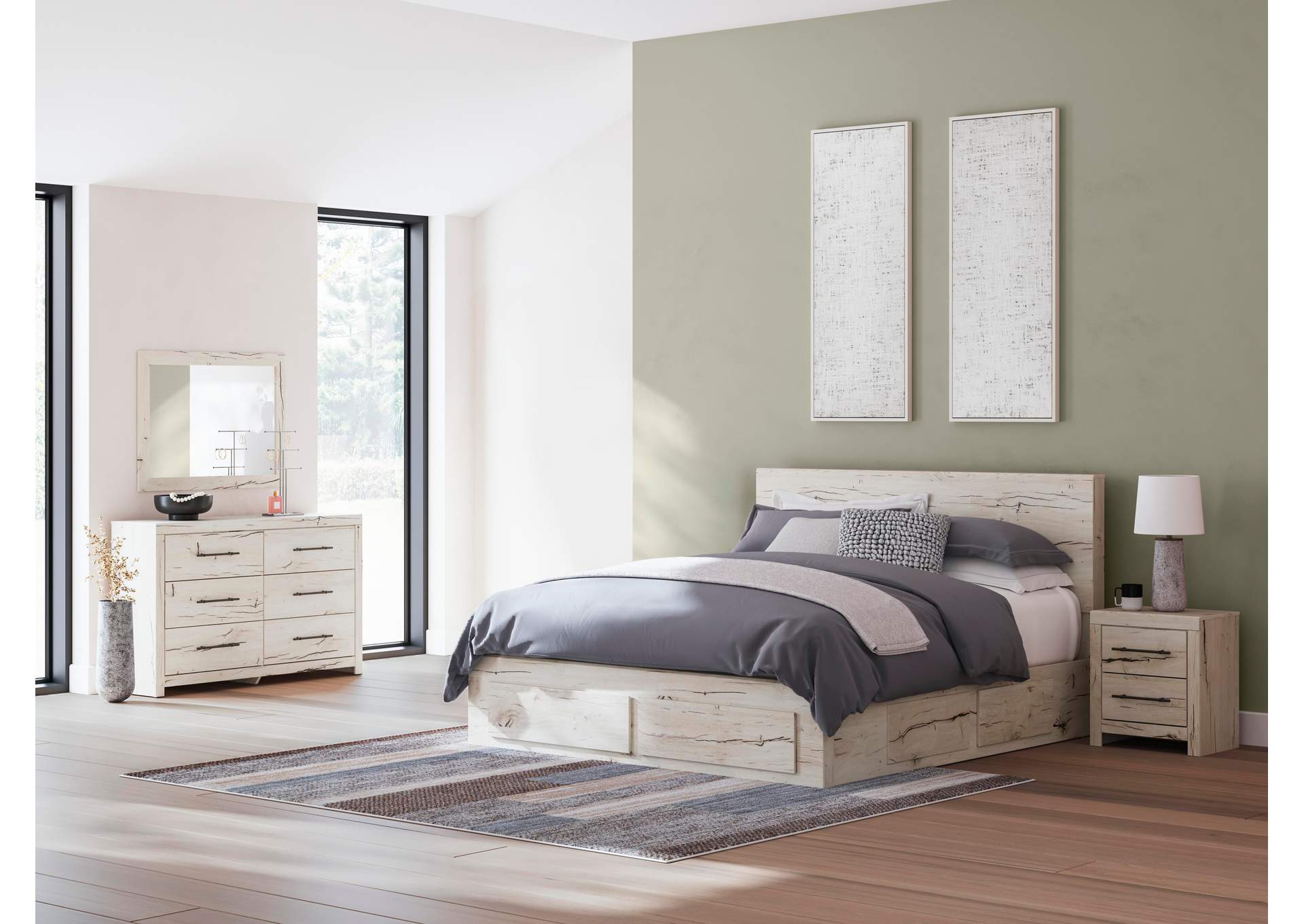 Lawroy King Panel Storage Bed with Mirrored Dresser and Nightstand